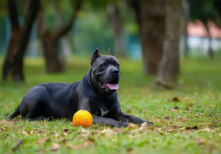 Potężny cane corso leży na trawie obok pomarańczowej piłki. Jego waga jest imponująca, świadczy o sile i zdrowiu.