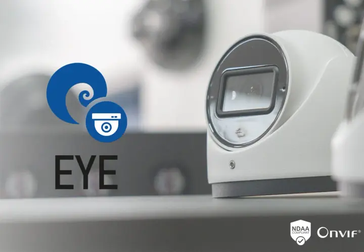 Cámara de seguridad con logo "EYE" y símbolo de protocolo ONVIF.