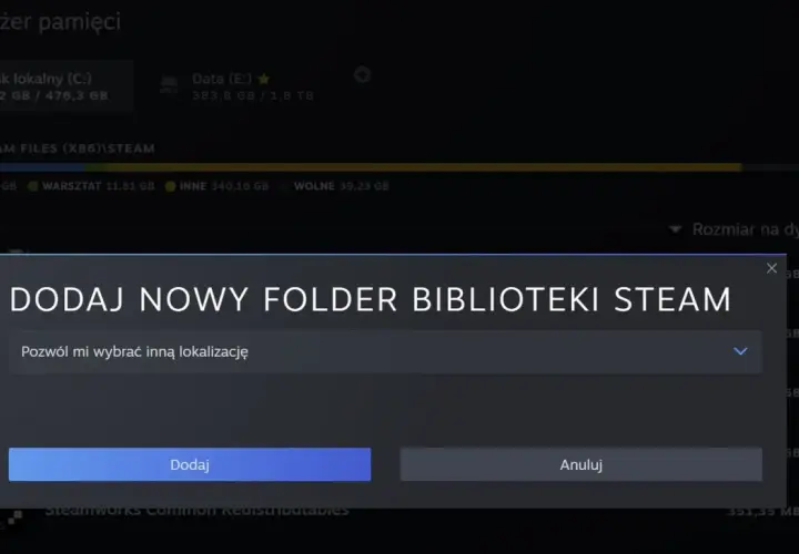 Okienko "DODAJ NOWY FOLDER BIBLIOTEKI STEAM" z opcją wyboru lokalizacji. Czy można przenieść grę z jednego konta Steam na drugie?