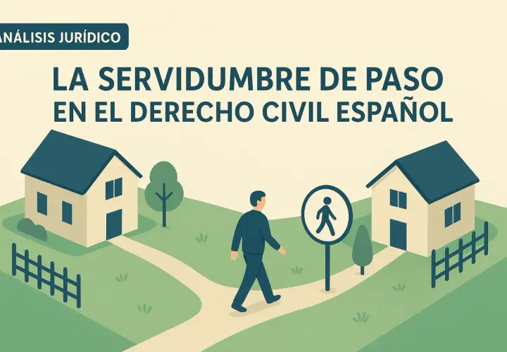 Ilustración que explica qué es una servidumbre de paso: un camino entre dos casas, con un peatón y un cartel.