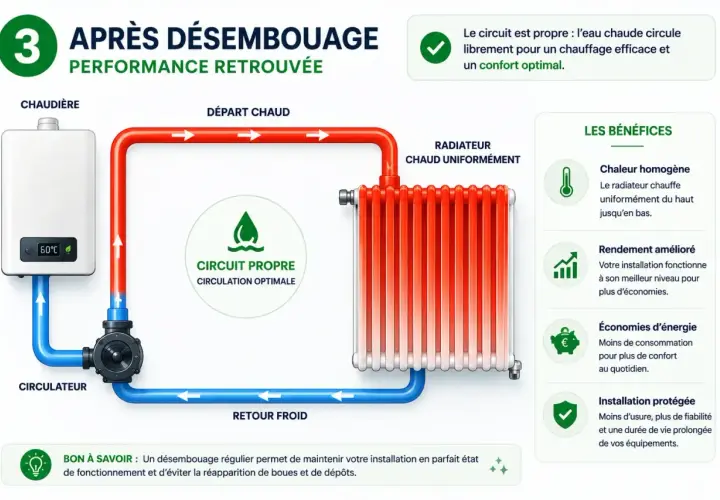 Schéma d'un circuit de chauffage : chaudière, circulateur, radiateur. L'eau chaude circule pour une meilleure puissance radiateur eau chaude.