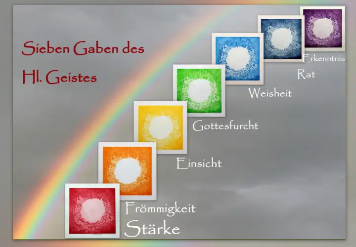 Sieben Gaben des Hl. Geistes: bunte Kreise auf grauem Grund, wie ein Regenbogen, der Weisheit, Erkenntnis, Rat, Gottesfurcht, Einsicht, Frömmigkeit und Stärke symbolisiert.