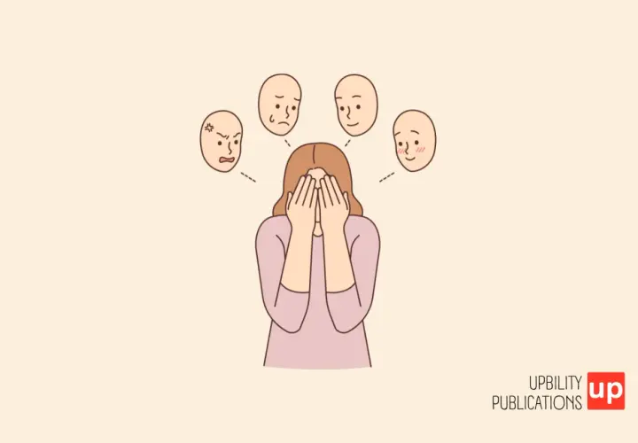 Ragazza con le mani sul viso, circondata da volti che esprimono emozioni diverse, suggerendo un **cambio di personalità improvviso**.
