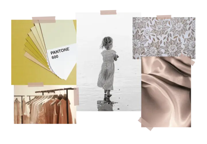 Palette de couleurs et tissus pour un thème de collection mode. Une petite fille sur la plage, des échantillons Pantone, un tissu satiné et des robes sur cintres.
