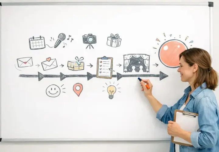 Un tableau retroplanning dessiné à la main, montrant un cheminement visuel avec des icônes : calendrier, micro, appareil photo, cadeaux, liste, scène de théâtre, soleil.