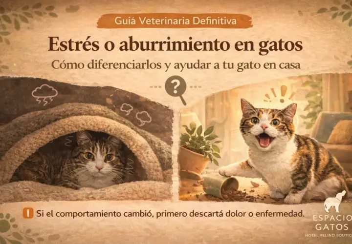Gato estresado y otro juguetón. Aprende a diferenciar el estrés del aburrimiento para ayudar a tu gato en casa.
