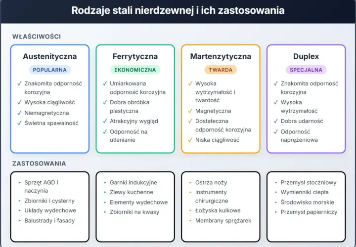 Tabela porównuje rodzaje stali nierdzewnej, podkreślając twardość stali martenzytycznej, jej wysoką wytrzymałość i zastosowania.