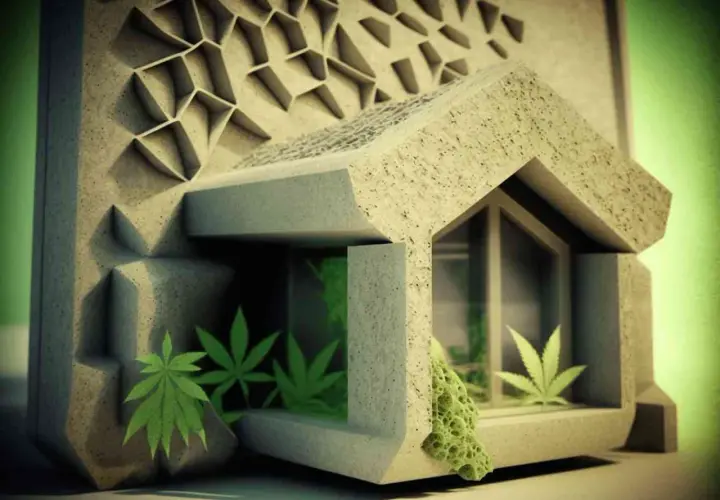 Nowoczesna architektura z beton konopny, z geometrycznymi wzorami i liśćmi konopi w oknach.