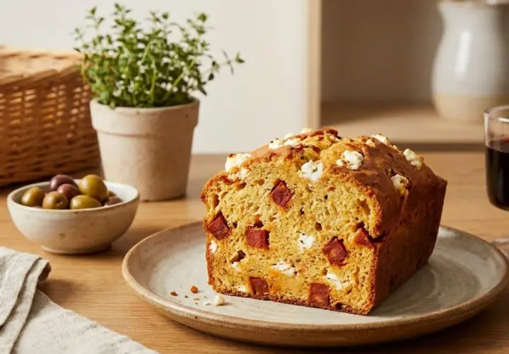 Un délicieux cake chorizo et chèvre, parsemé de morceaux de fromage blanc et de chorizo, prêt à être dégusté avec des olives.