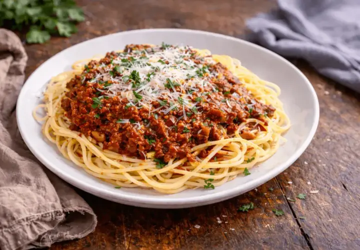 Pyszne spaghetti bolognese, idealne na prosty przepis. Danie posypane parmezanem i natką pietruszki.