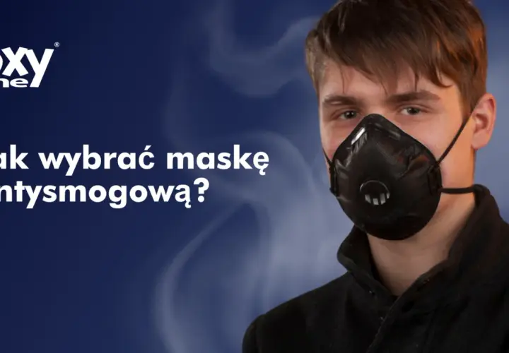 Młody mężczyzna w masce z pochłaniaczem, chroniącej przed smogiem. Logo Oxyline.