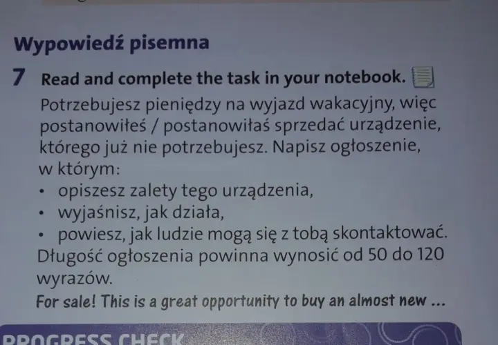 Instrukcja do zadania: jak się pisze ogłoszenie o sprzedaży niepotrzebnego urządzenia, by zarobić na wakacje. Opisz zalety, działanie i dane kontaktowe.