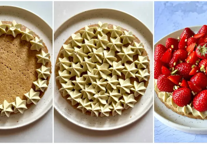 Étapes de décoration d'une tarte fraise : une base sablée, une crème pistache en étoiles, puis des fraises fraîches et éclats de pistaches.