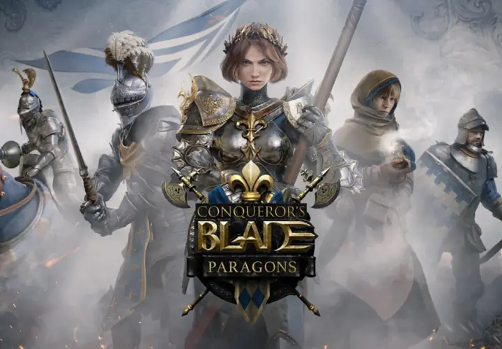 Rycerze w zbrojach, wojowniczka z koroną i sztandar. To grafika z gry Conqueror's Blade. Poradnik dla graczy.