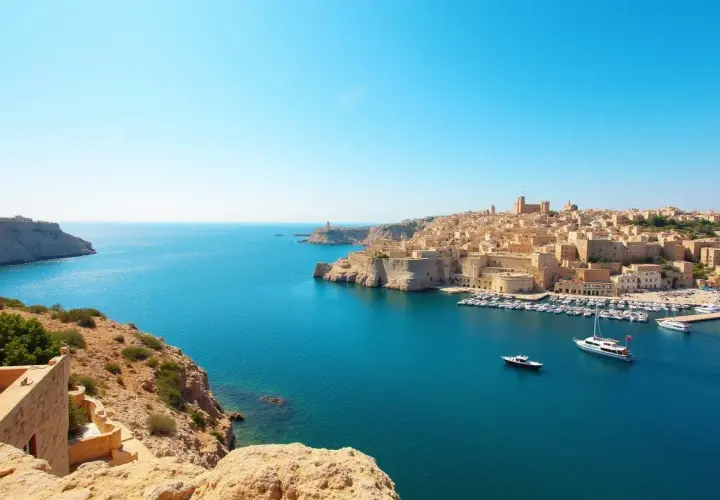 Malta w październiku: słoneczna pogoda, błękitne morze i zabytkowe miasto nad zatoką pełną jachtów.