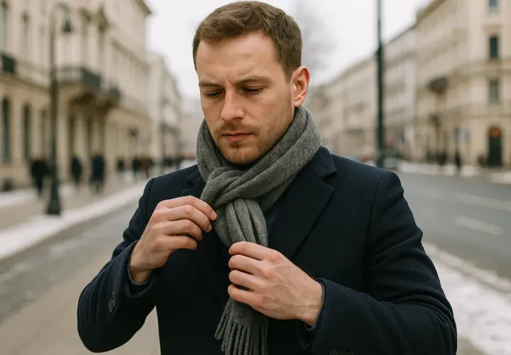 Mężczyzna w granatowym płaszczu poprawia szary szalik. Pokazujemy, jak wiązać męski szalik, by wyglądać stylowo.