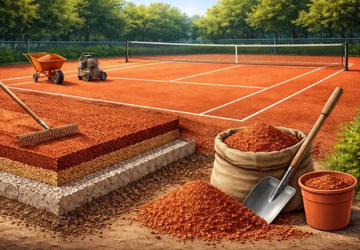 Przygotowanie kortów Roland Garros: warstwy nawierzchni, taczka z gliną, łopata i grabie.