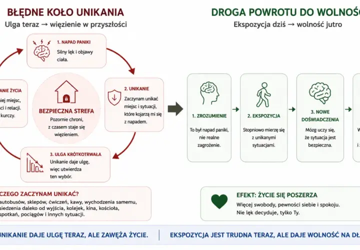 Cykl unikania: napad paniki, unikanie, ulga krótkotrwała, zawężanie życia. Droga do wolności: zrozumienie, ekspozycja, nowe doświadczenia, wolność.