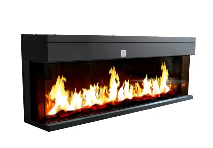 Chimenea 3d moderna con llamas realistas y troncos incandescentes, creando un ambiente acogedor.