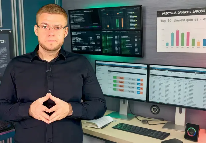 Mężczyzna w okularach przed ekranami z wykresami i danymi. Analiza danych, optymalizacja zapytań **sql**.