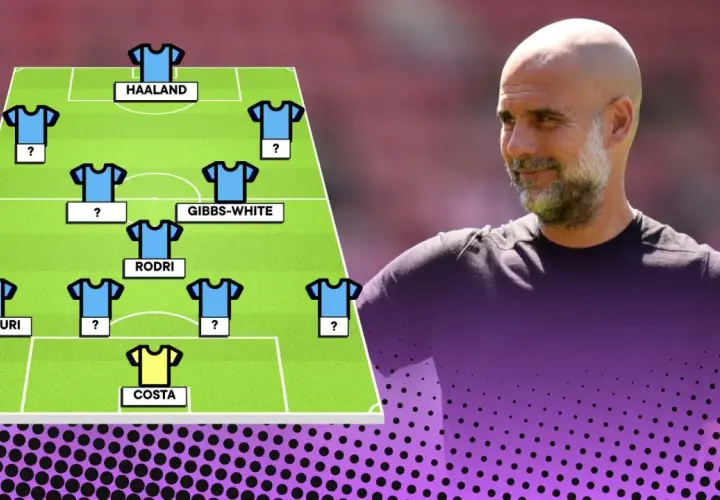 Pep Guardiola analizujący skład Manchesteru City z Haalandem i Rodrim.