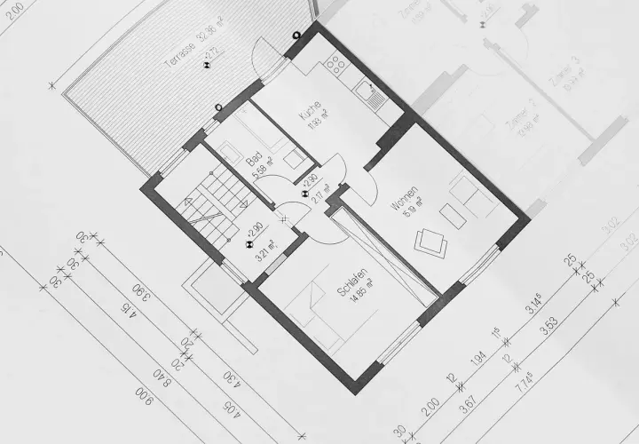 Plan budynku gospodarczego do 35m2: kuchnia, łazienka, salon, sypialnia i taras.