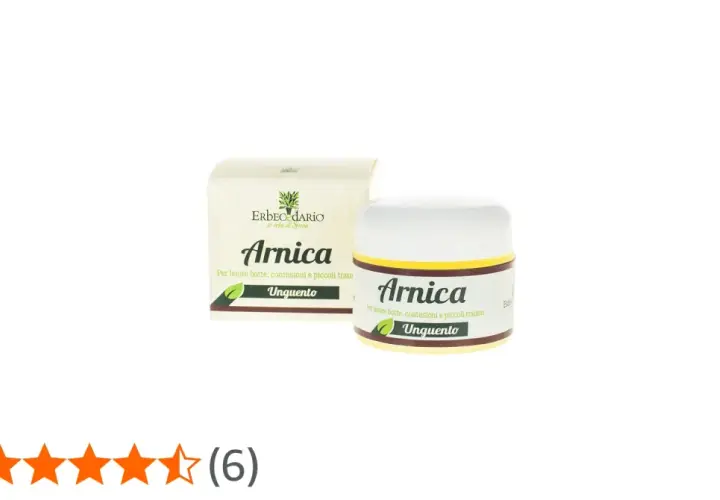 Unguento all'arnica, ideale per i benefici su botte e contusioni. Confezione e vasetto mostrati.