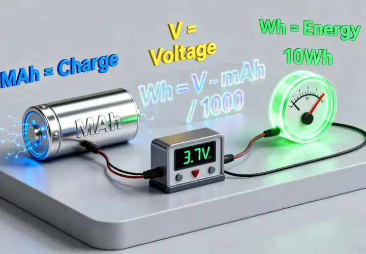 Bateria z oznaczeniem MAh połączona z miernikiem napięcia 3.7V i wskaźnikiem energii. Wyjaśnienie wzorów: MAh = Charge, V = Voltage, Wh = Energy, Wh = V ~ mAh / 1000. To pokazuje, jak obliczyć energię, uwzględniając kulomb.