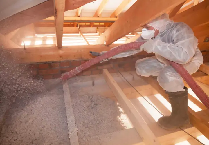 Persona in tuta protettiva insuffla materiale isolante in un sottotetto non abitabile, un progetto fai da te per migliorare l'efficienza energetica.