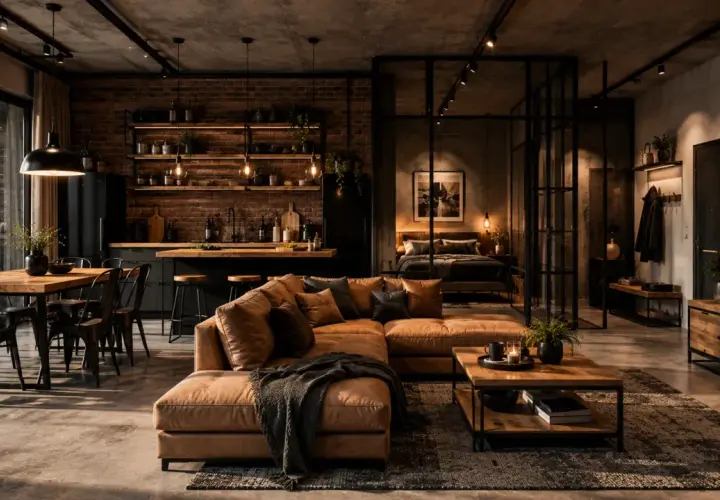 Wnętrze w stylu loft: otwarta przestrzeń z kuchnią, jadalnią i salonem. Brązowa kanapa, drewniany stół, ceglana ściana i industrialne oświetlenie tworzą przytulny klimat.