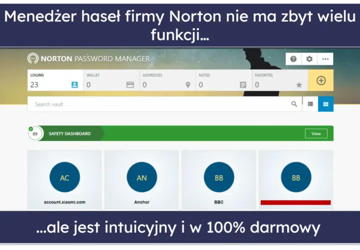 Interfejs menedżera haseł Norton z listą loginów i ikonami.