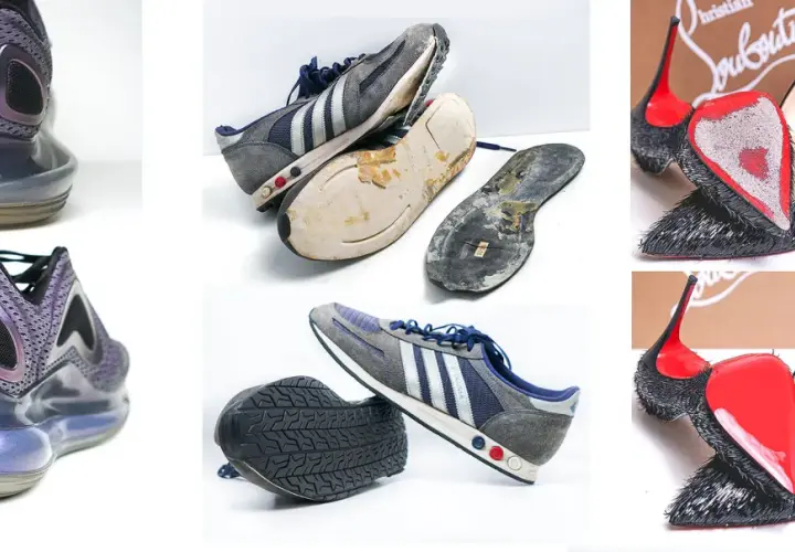 Naprawa podeszwy buta: zniszczone podeszwy adidasów i butów Nike, a także eleganckie szpilki Louboutin.