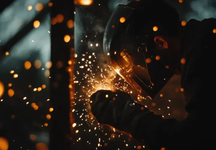 Soldadura con gas: chispas naranjas iluminan la oscuridad mientras un soldador con casco trabaja.