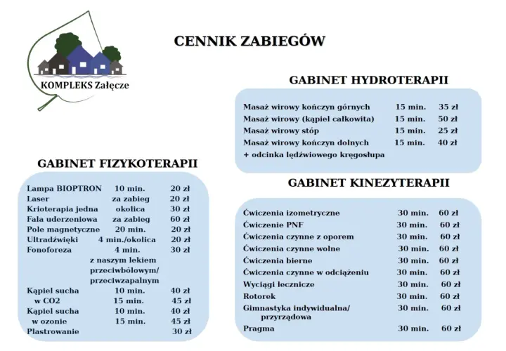 Cennik zabiegów w Kompleksie Załęcze: fizykoterapia, hydroterapia, kinezyterapia.