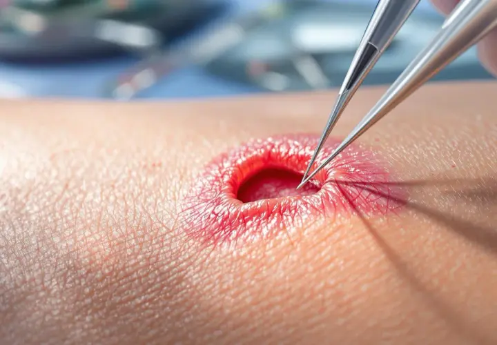 Pince chirurgicale manipulant une plaie rouge et ouverte, évoquant les risques d'un point de suture oublié.