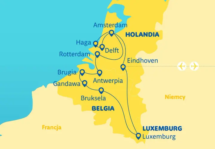 Mapa turystyczna regionu **Benelux** z zaznaczonymi trasami między miastami Holandii, Belgii i Luksemburga.