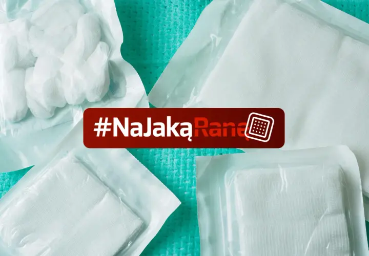 Sterylne gaziki i opatrunki w opakowaniach, z czerwonym paskiem #NaJakąRanę.