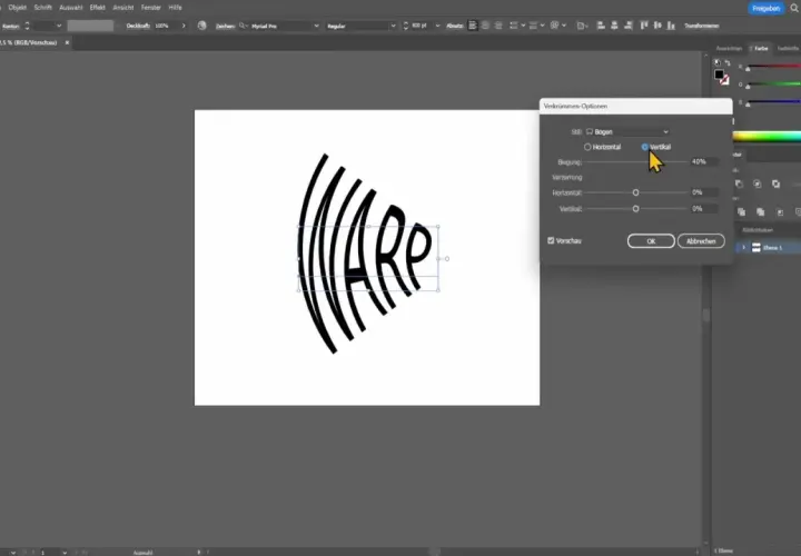 Buchstaben ineinander verschlungen in Illustrator, der Text "WARP" wird vertikal verkrümmt.
