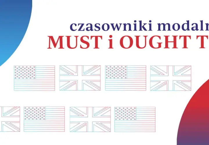 Grafika z napisami "czasowniki modalne MUST i OUGHT TO" oraz stylizowanymi flagami USA i Wielkiej Brytanii. Powinniśmy się uczyć takich słówek.