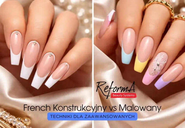 Dwie dłonie prezentują techniki zdobienia paznokci: klasyczny french konstrukcyjny z cyrkoniami i kolorowy french malowany z motywem płatka śniegu.
