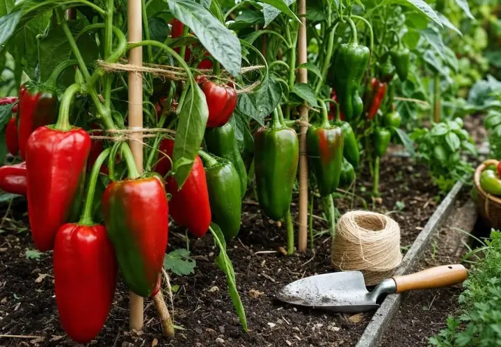 Des poivrons rouges et verts mûrissent sur une poivron plante dans un potager. Une petite pelle et une bobine de ficelle sont à proximité.