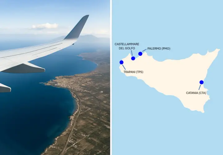 Planning where to fly into Sicily? This image shows an airplane wing over the coast and a map highlighting airports in Palermo (PMO), Trapani (TPS), and Catania (CTA).