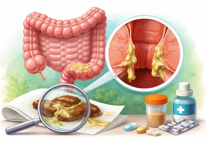 Illustrazione del colon e dell'ano con secrezioni giallastre. Farmaci e pillole suggeriscono rimedi per la defecazione incompleta.