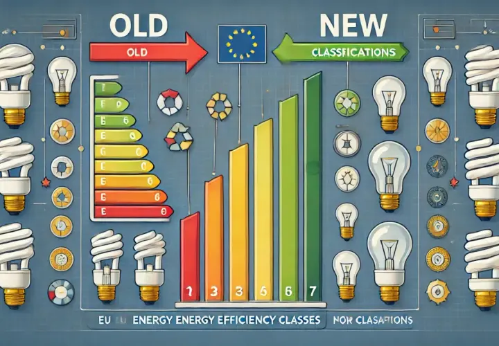 Porównanie starych i nowych klas energetycznych żarówek. Od lewej: żarówki energooszczędne, stara klasyfikacja (A-G), nowe klasy (1-7).