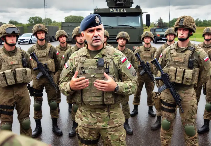 Dowódca w mundurze polowym przemawia do żołnierzy. W razie wojny kto idzie do wojska? Ci młodzi mężczyźni w pełnym rynsztunku.