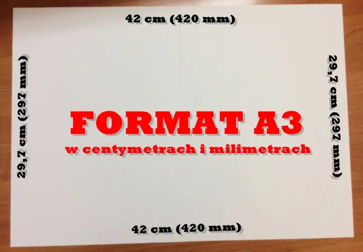 Biała kartka z napisem "FORMAT A3 w centymetrach i milimetrach". Wymiary: 29,7 cm (297 mm) i 42 cm (420 mm). Jaki to format? A3.