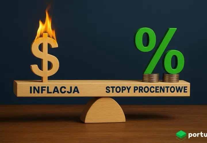 Waga pokazuje, że wysoka inflacja (płonący znak dolara) przeważa nad stopami procentowymi.