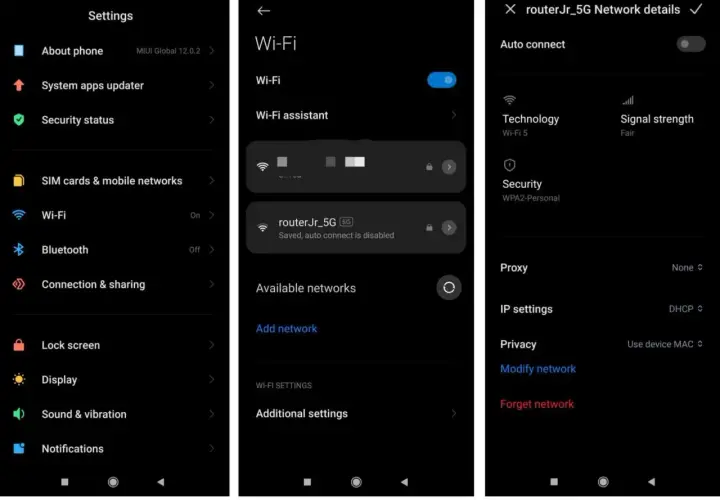 Na ekranie telefonu Xiaomi widać, że sieć wifi "routerJr_5G" jest zapisana, ale automatyczne połączenie jest wyłączone.