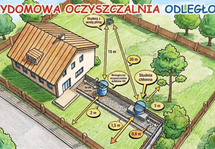Ilustracja pokazuje dom z przydomową oczyszczalnią ścieków. Kluczowe jest zachowanie odpowiedniej odległości szamba od domu i studni z wodą pitną, co jest zaznaczone na rysunku.