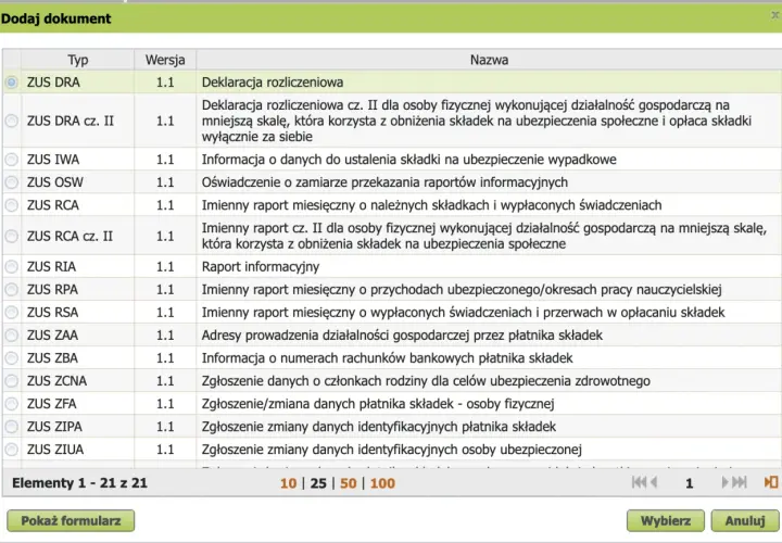 Wybierz dokument ZUS DRA, aby wypełnić deklarację rozliczeniową.